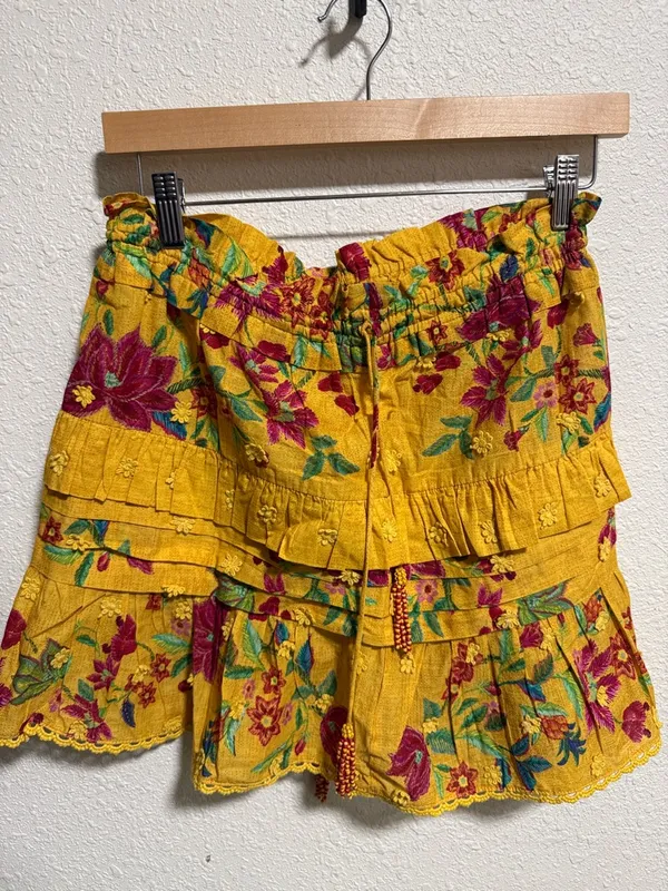 FARM Rio Yellow Floral Tiered Mini Dream‎ Skirt Small Boho Ruffle Eyelet Small - Image 2