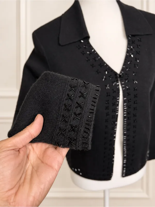 Valerie Stevens 100% Merino Wool Beaded Evening Cardigan Black Vintage 90s Knit - Image 4