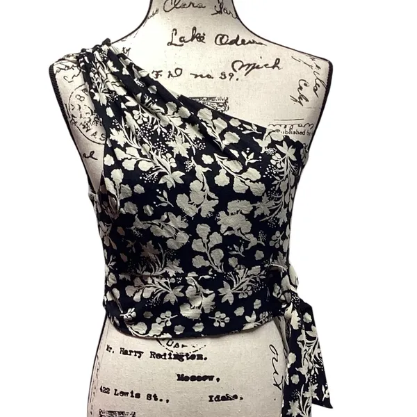 Free People Carmen One Shoulder Tie Waist Tropical Black And Ivory Floral Medium - Image 2