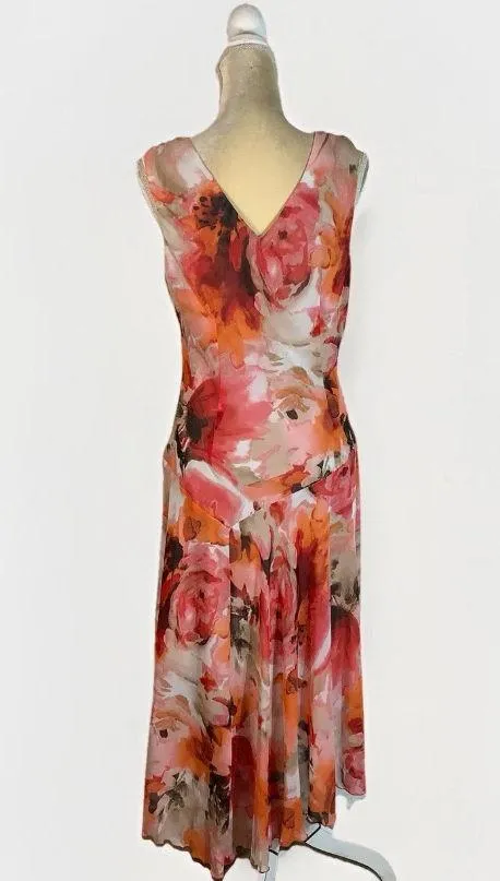Dressbarn Y2K Chiffon Draped Midi Dress size 14 Pink Floral Silky 2000's - Image 4