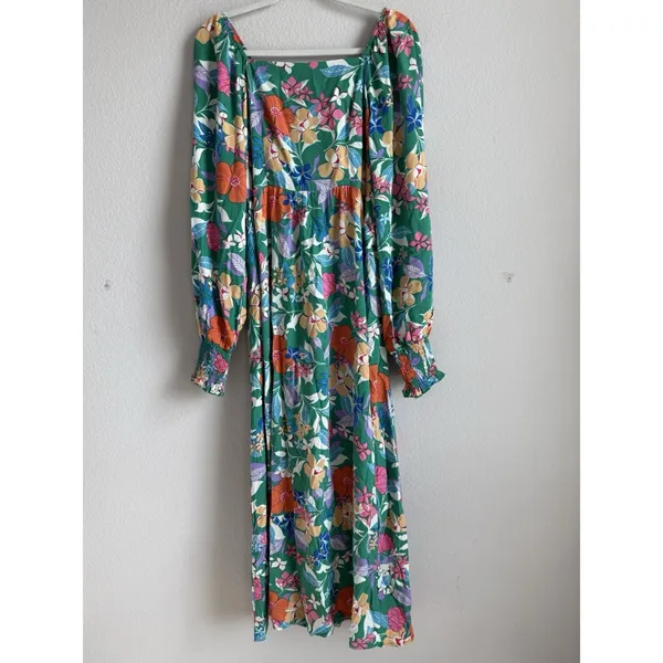 PRETTYGARDEN Green Tropical Floral Maxi Dress Smocked Cuff Square‎ Neck Boho M - Image 3