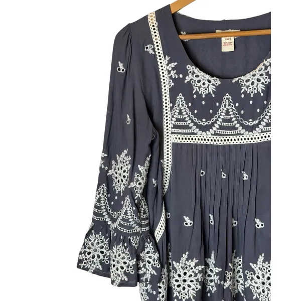 Sundance Embroidered Mini Dress Women Medium Gray Boho Eyelet Bell Sleeve - Image 6