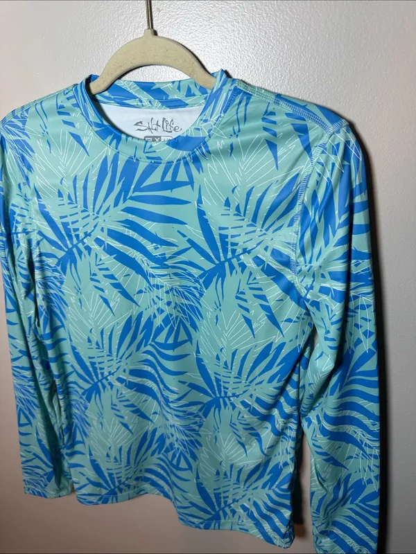 Salt Life Aqua and Blue Palm-Print Long Sleeve Shirt Small UV Protection - Image 2