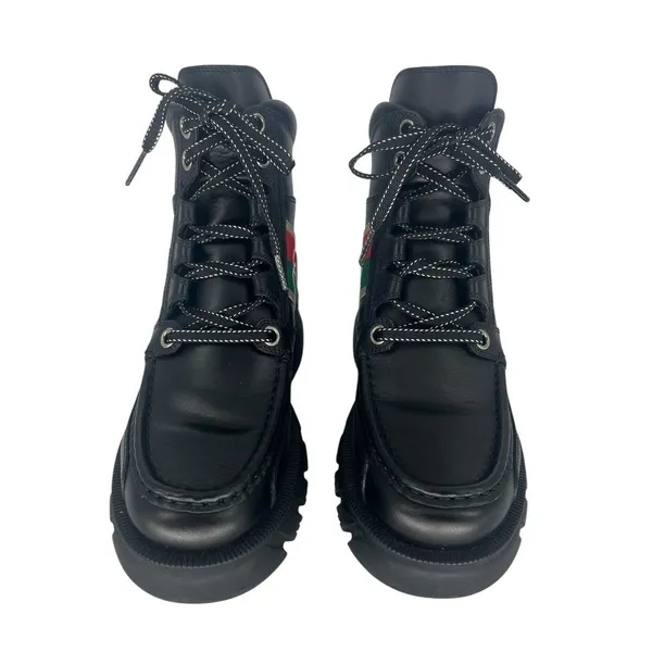 Gucci Romance‎ Web Stripe Lug Sole Leather Lace-Up Ankle Boot Black 38 - Image 8