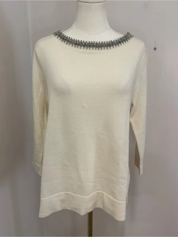Autumn Cashmere Cream 100% Pure Cashmere Beaded Neck Sweater Large 3/4 Sleeve - Image 2