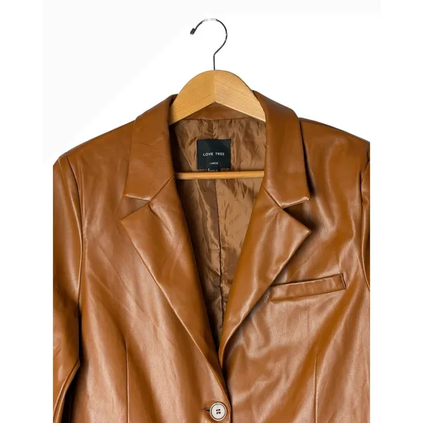 Love Tree Faux Leather Blazer Women Large Brown Cognac 90s Minimalist Moto - Image 4