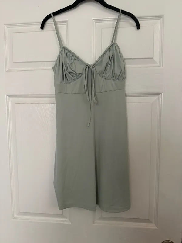 Women’s Sage Green Ruched Tie Front Mini Dress Spaghetti Strap Stretch - Image 2
