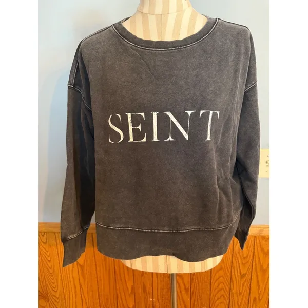 SEINT Womens Cropped‎ Acid Wash Charcoal Gray Crewneck Sweatshirt Comfort Size M - Image 2
