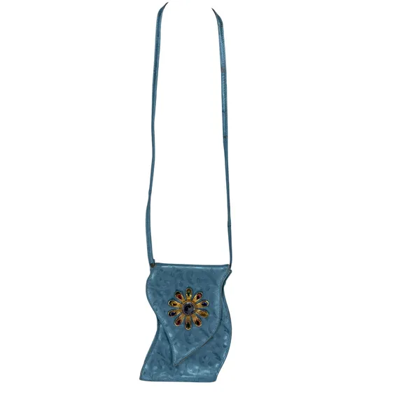 Vintage Blue Paisley Wave Shape Evening Bag Filigree Rhinestone Flower Crossbody - Image 3