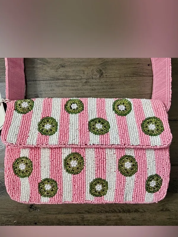 NWT Sol & Mer Collection XIIX Beaded Kiwi Pink Stripe Baguette Shoulder Bag - Image 8