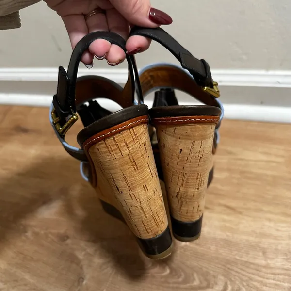 Coach | Women's Brown Blue Leather Tassel Cork Platform Wedge Sandals, 6.5B - Image 4