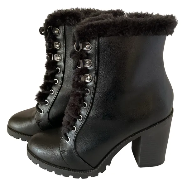 Express Faux Fur Trimmed Black Chunky Heeled Combat Platform Boots Sz 7 - Image 2