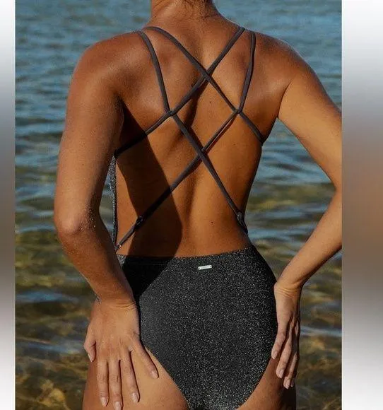 Berlook Black Lurex Cross Back One-Piece Swimsuit - Image 2