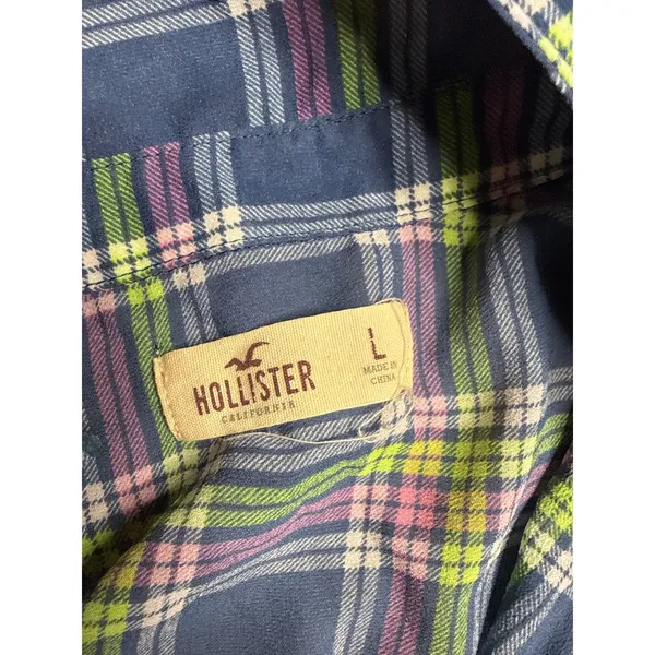 Hollister Womens‎ Blue Green Pink Plaid High Low Button Up Shirt L Sheer layer - Image 2