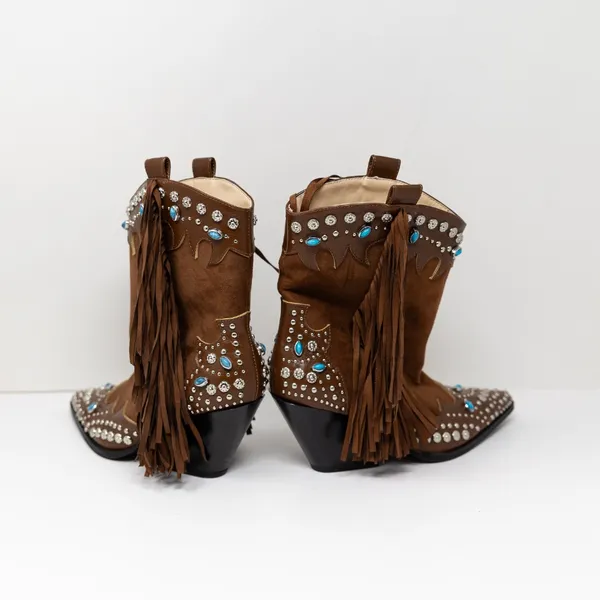 NEW Azalea Wang Anorak Faux Vegan Suede Fringe Embellished Western Booties Brown - Image 3