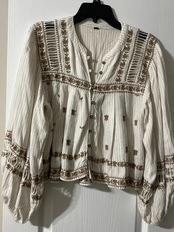Free People Cream Boho Embroidered Peasant Blouse with Tan Accents - Image 5