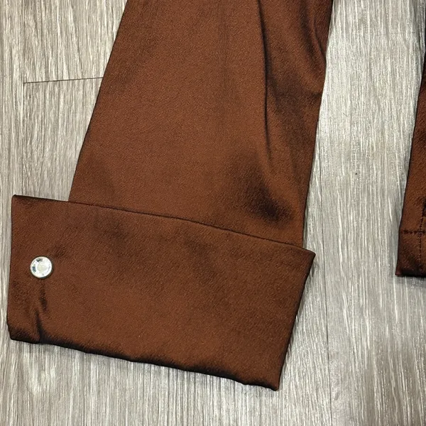 VTG 90s Tadashi Shoji Chocolate Brown Taffeta Faux Wrap Blouse Minimalist 10 - Image 5