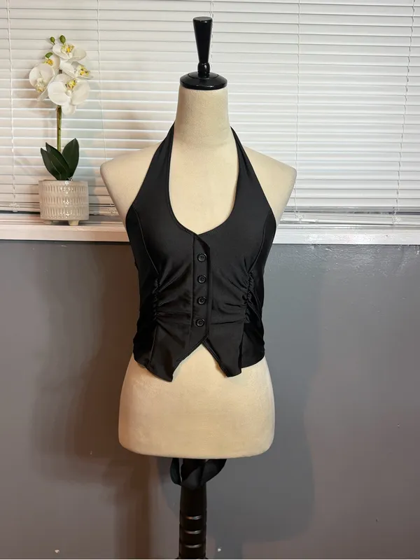 Julia by Love Black Halter Top Handkerchief Hem Y2K Clubwear Size L - Image 3