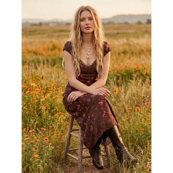 Free People Dainty Lace Retro 90s Butterfly Babe Maxi Dress in Brown Combo Small - Image 5