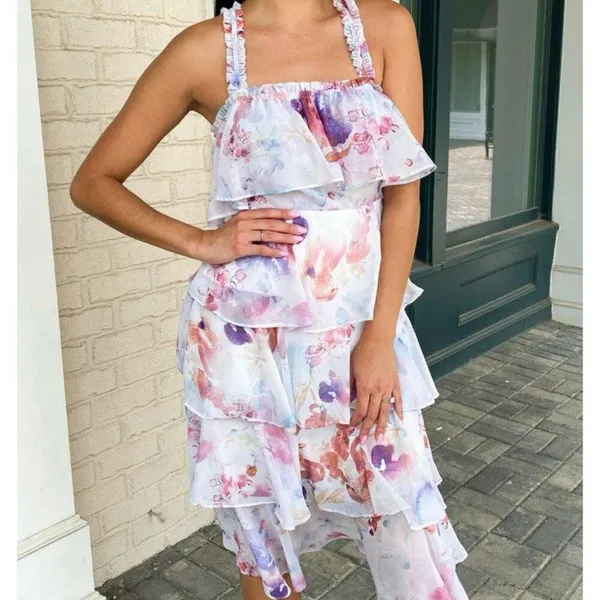 Storia ruffled tiered chiffon floral dress size m - Image 11