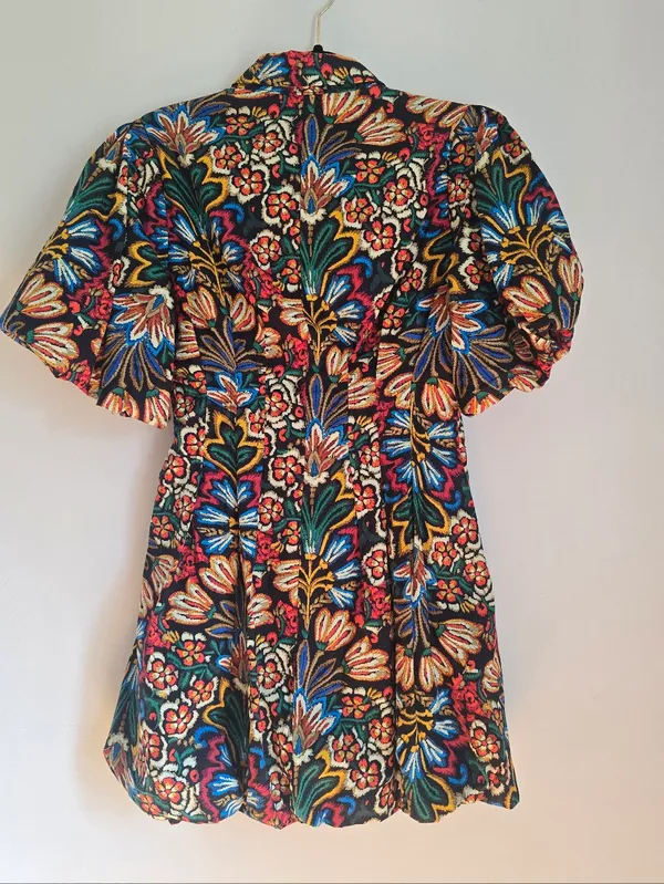 Olivaceous Cotton Floral Bubble Sleeve Bubble Hem Mini Dress. - Image 4