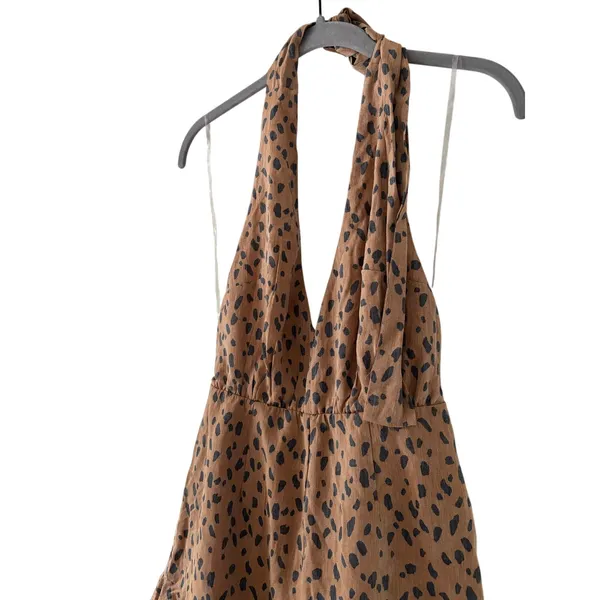 Trixxi Leopard Halter Romper Dress Brown Black Ruffle Mini Women’s Small S - Image 3