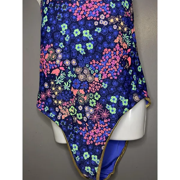 Aerie Swimsuit Womens XL Blue Floral One Piece Triangle Crisscross Back Strappy - Image 3