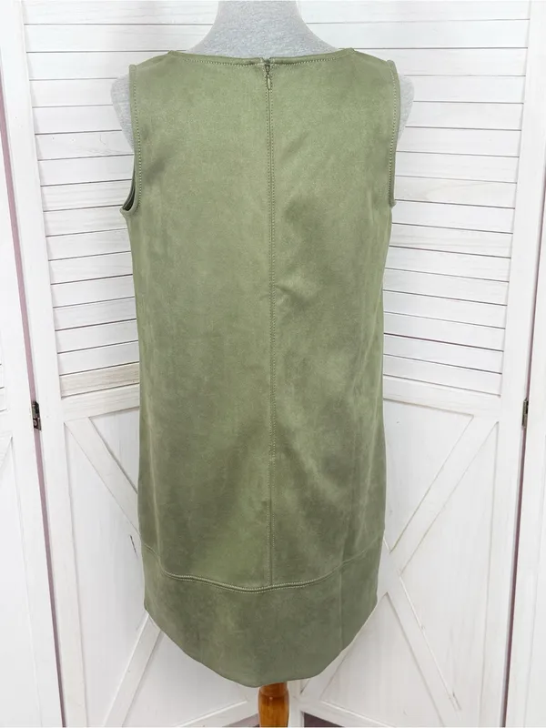 Loft Faux Suede V Neck Jumper Shift Mini Dress Olive Green 8 Tall Sleeveless - Image 5