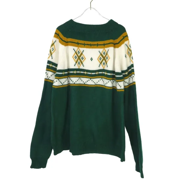 MG 1980s Vintage Sweater Green & Yellow Argyle Knit Sweater Large XL Crewneck - Image 3