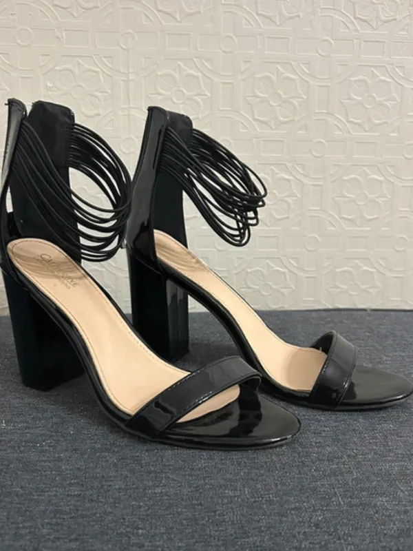 Catherines Black Patent Block Heel Sandals with Ankle Wrap - Image 4