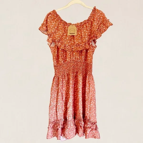 Kori America Orange Ditsy Floral Smocked Off The Shoulder Mini Dress Size Large‎ - Image 3
