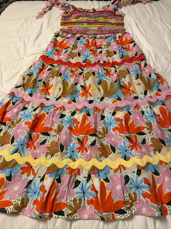 CeliaB Nilsa Multicolor Floral Smocked Midi Dress w/ Tie Straps - NWT - Size L - Image 5