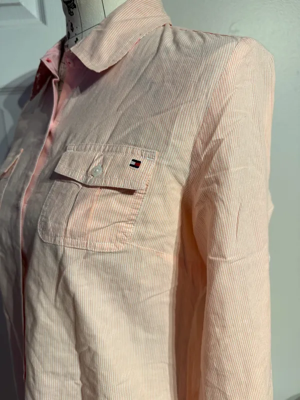 Tommy Hilfiger Cotton Pale Pink Striped Button-down shirt dual chest pocket Sz M - Image 3