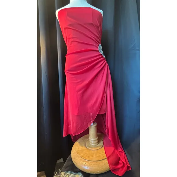 Red Strapless Ruched High Low‎ Evening Gown with Crystal Brooch Accent - Image 3
