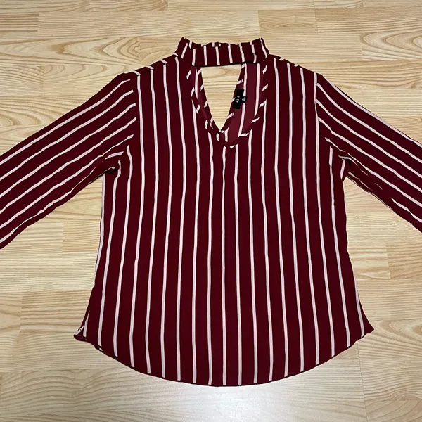 M Mine Women’s Burgundy Striped Long Sleeve Blouse Work Attire Business Casual - Image 2