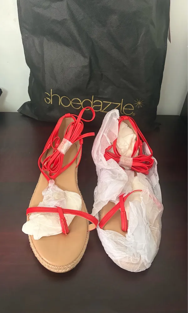 NWT ShoeDazzle Red Azima Rhinestone Espadrille Lace-Up Flat Sandals - Image 2