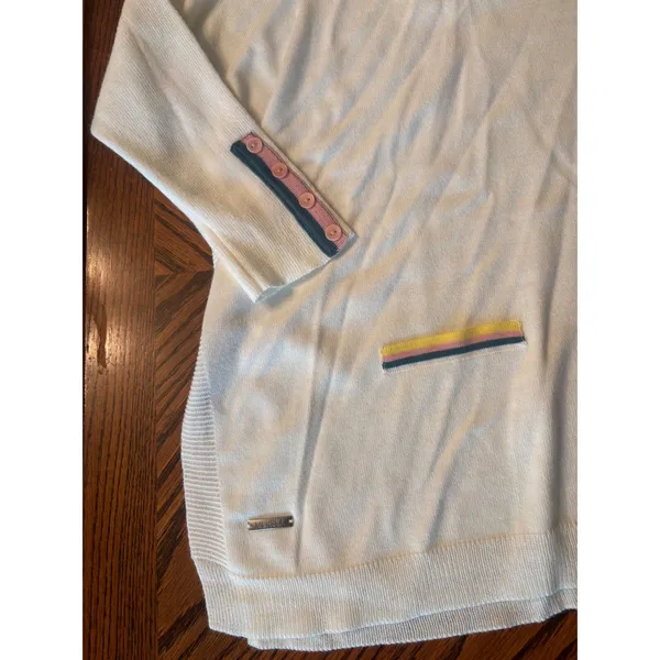 Mersea Oversized V-Neck Sweater White Multi Color Trim Button Cuff OS - Image 2