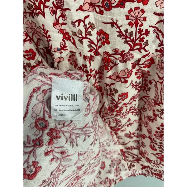 Vivilli Womens Blouse Floral Boho Tassel Tie Flutter Sleeve White Red Large - Image 5