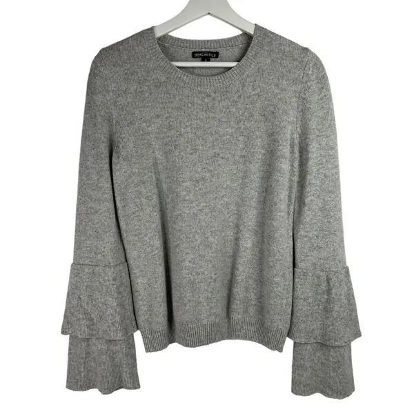 J.Crew Small Sweater Gray Tiered Bell Sleeve Crew Neck Heathered Knit Pullover - Image 3