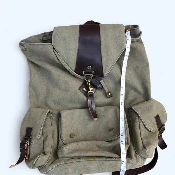 Y2K Vintage Unisex Preppy Academia Khaki Brown canvas l messenger backpack book bag purse cargo pockets. Great for school, university, work. Can fit most books laptops #boho #granola #hippie #adventure #gypsy Measurement in pics - Image 5