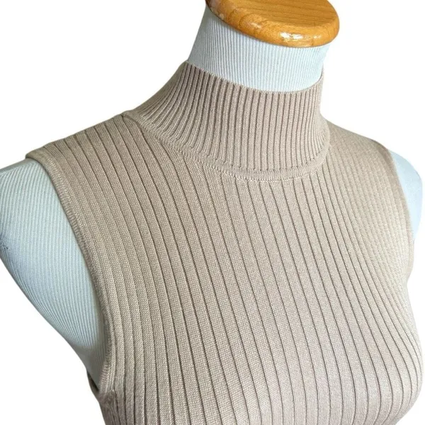 Womens Madison Grey Oatmeal Ribbed Mock Neck Sleeveless Top Blouse - Sz S - Image 2