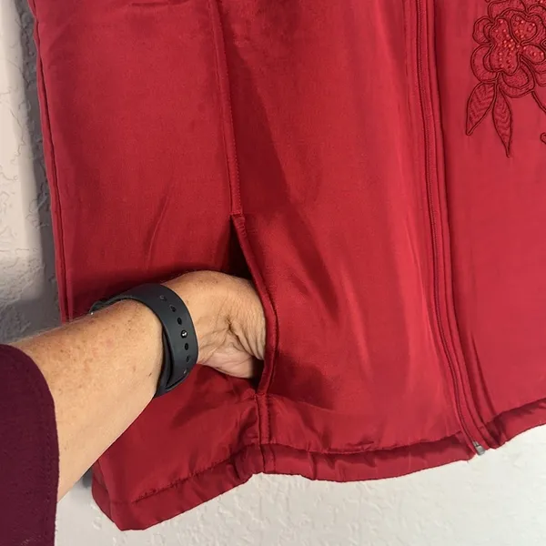 Coldwater Creek Red Puffer Vest Full Zip Embroidered Winter Christmas Holiday - Image 3