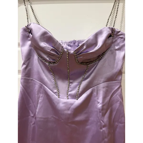 Hello Molly Disco Nights Lilac Satin Mini Dress Rhinestones Large Y2K Party - Image 3