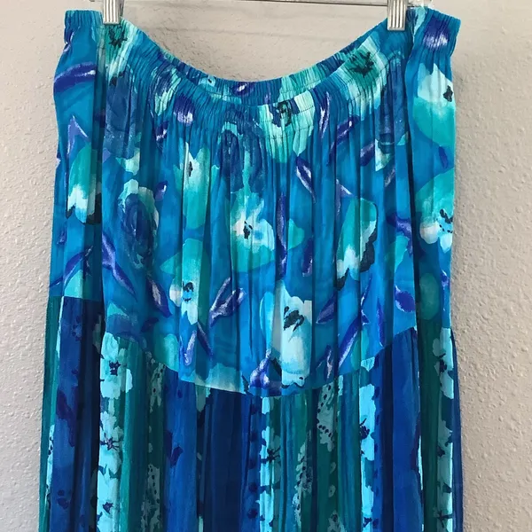 Vintage Blue Mermaidcore Floral Patchwork Bohemian Hippie Festival Maxi Skirt XL - Image 2