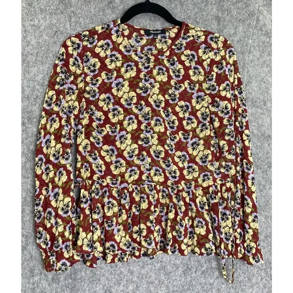 Madewell Floral Violet Pansy Blouse Burgundy Long Sleeve Peplum XS Fall Florals - Image 3