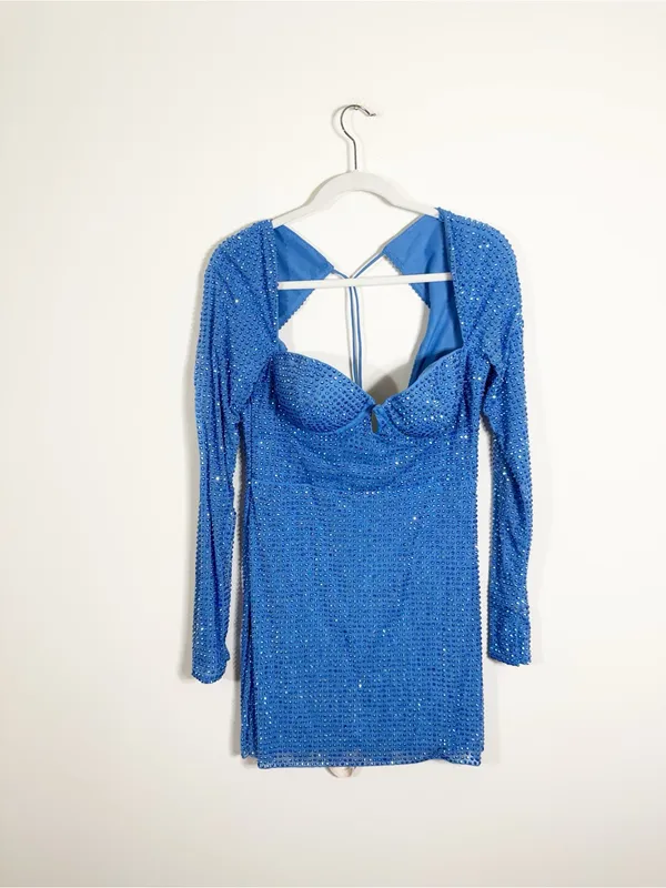 NWT Oh Polly Valeria Embellished Open Back Long Sleeve Mini Dress Cobalt Blue 8 - Image 4