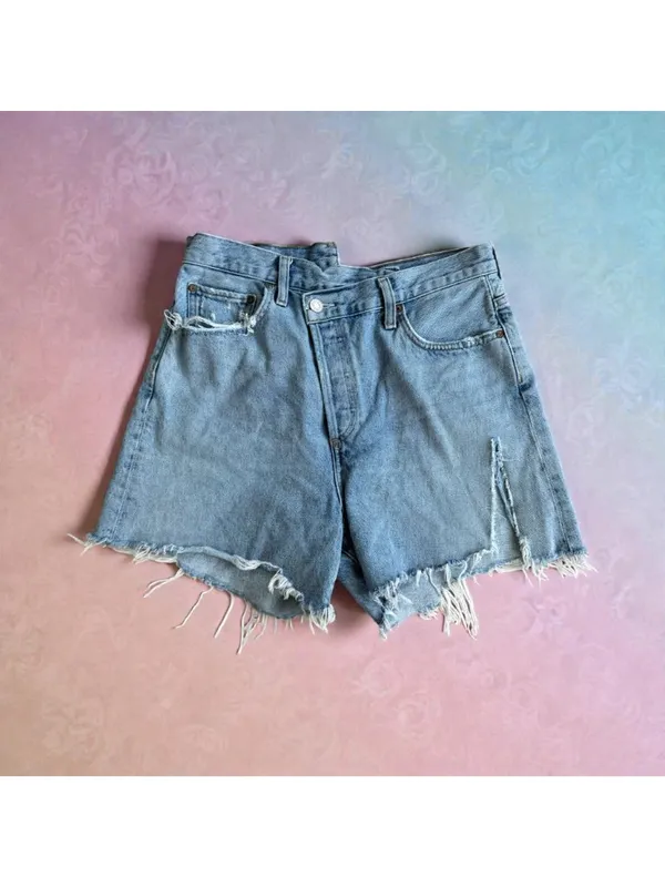 AGOLDE Denim Distressed Asymmetrical Shorts Size 28 - Image 2