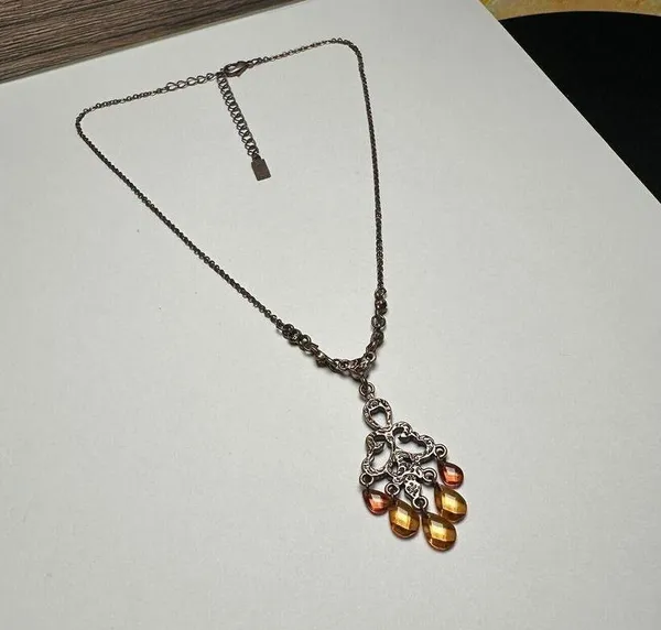 1928 Collection Rhinestone Pendant Copper Tone Necklace Orange / Amber Shades - Image 9