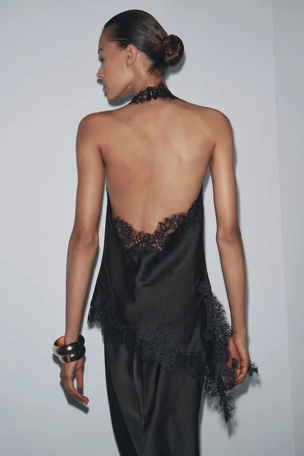 Zara elegant Black Satin Lace-Trim Halter Top - Image 7