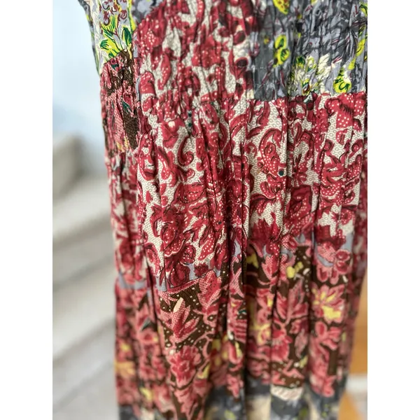 Source Unknown Vintage Boho Red, Yellow & Grey Paisley Floral Shirred Tiered Midi Dress - Image 5